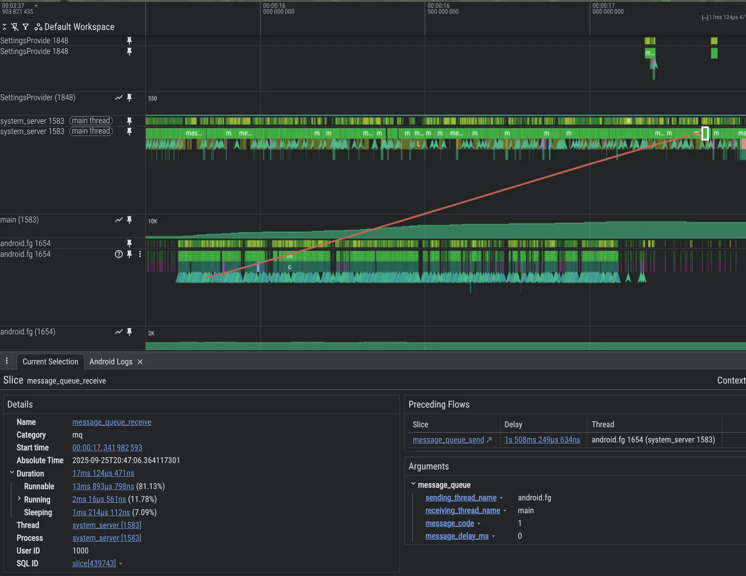 Perfetto UI 截图：展示向 MessageQueue 投递 Message 并传递到工作线程的流程和元数据。